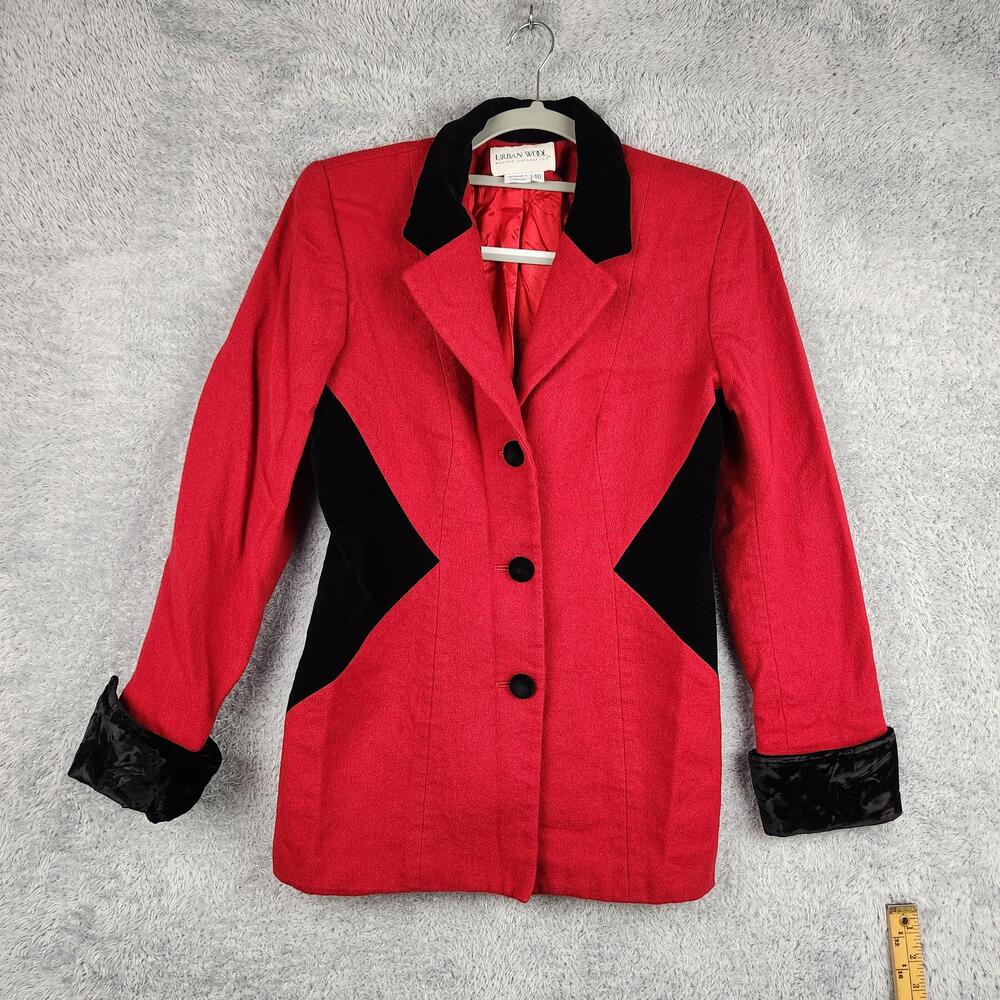 Urban Wool Blazer Womens 10 Red Black Tuxedo Merino Wool Velvet Trim Jacket 80s